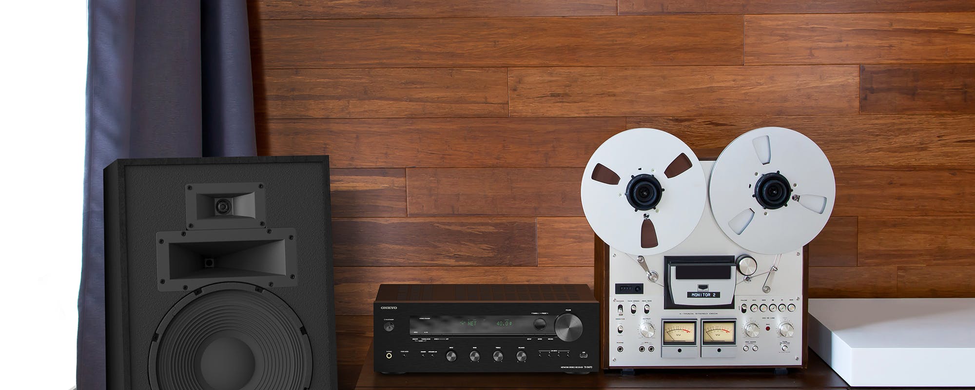 Onkyo TX 8470 MDC with Klipsch Heresy IV in Wood Wall Listening Room 2000x800