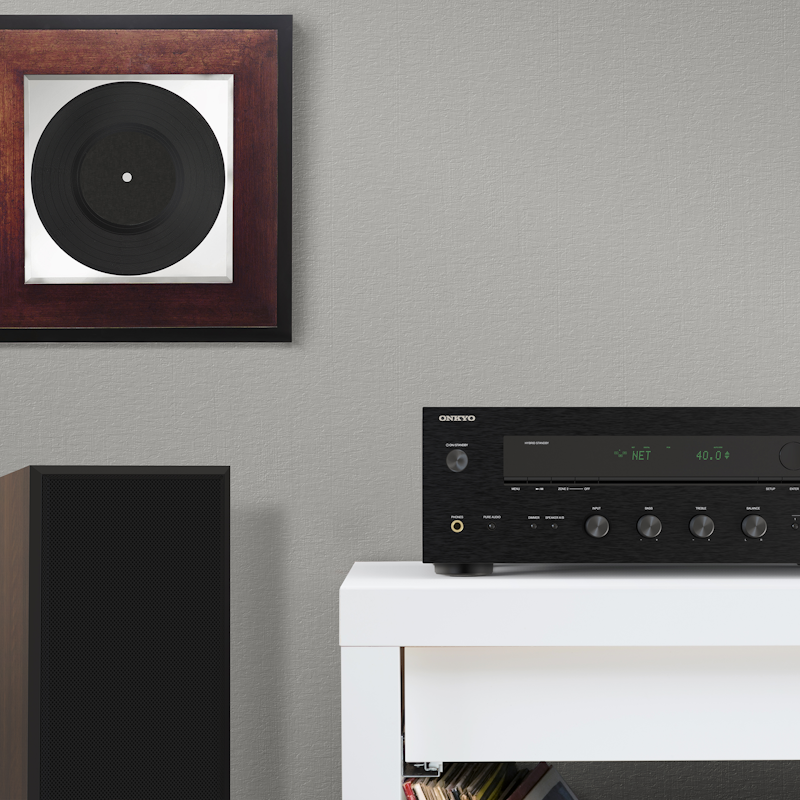 Onkyo TX 8470 MMM and Klipsch RP 5000 F Beside Record Art 2000x2000